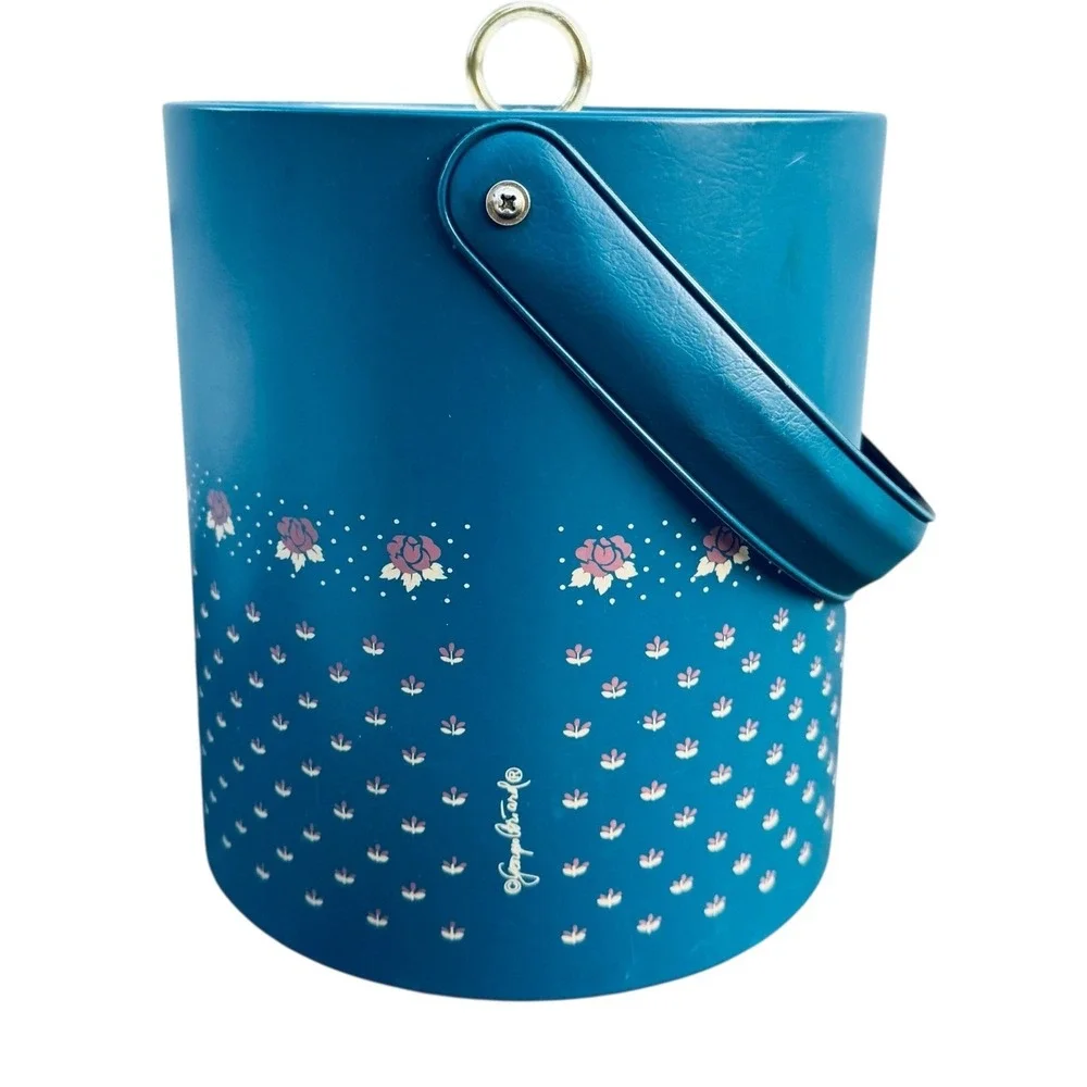 Georges Briard Vintage Ice Bucket Blue Floral Rose Vinyl MCM Barware with Lid